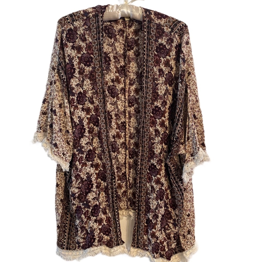 Kori Burgundy and Cream Floral Bohemian Cardigan Size S